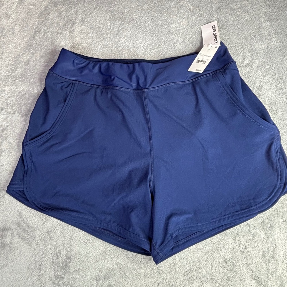 Lands End Swim Shorts Women L Deep Sea Blue Board Shorts Pockets 25LETS045 NWT